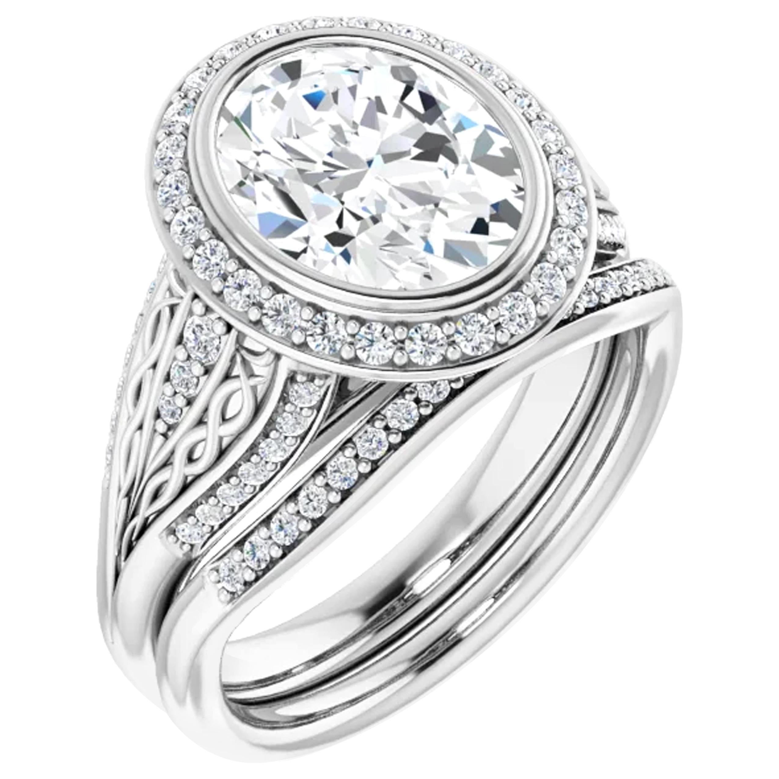Halo GIA Oval Interwoven Diamond Engagement Ring 18k White Gold 1.52 Carats For Sale
