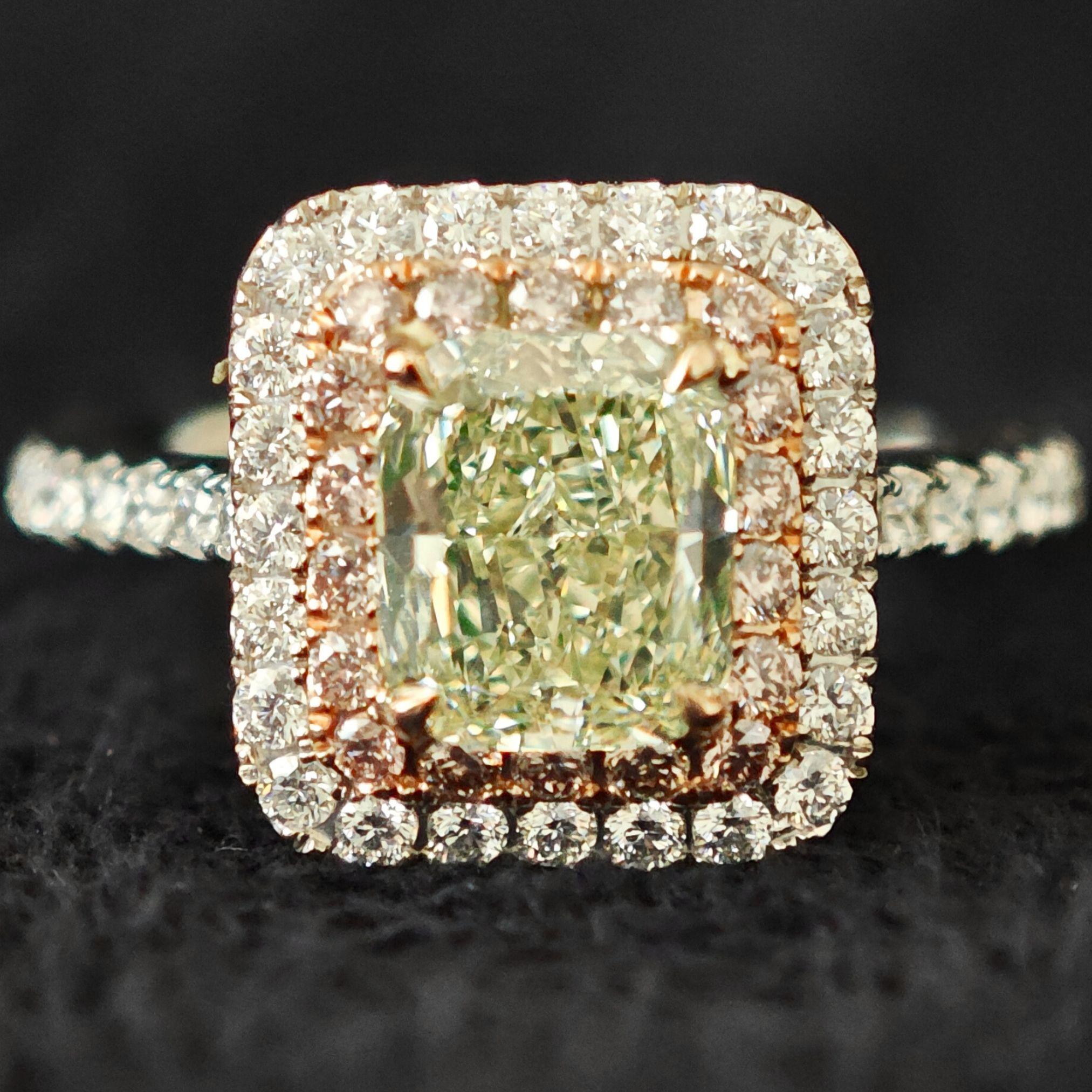 Anillo Halo Verde Radiante 1,41 ct GIA Diamante Natural Rosa y Blanco, Oro 18K en venta 10