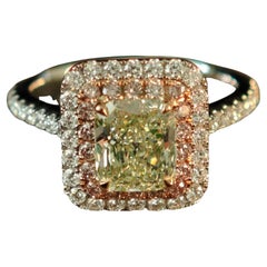 Halo Green Radiant 1.41ct GIA Natural Diamond Pink and White Ring, 18K Gold