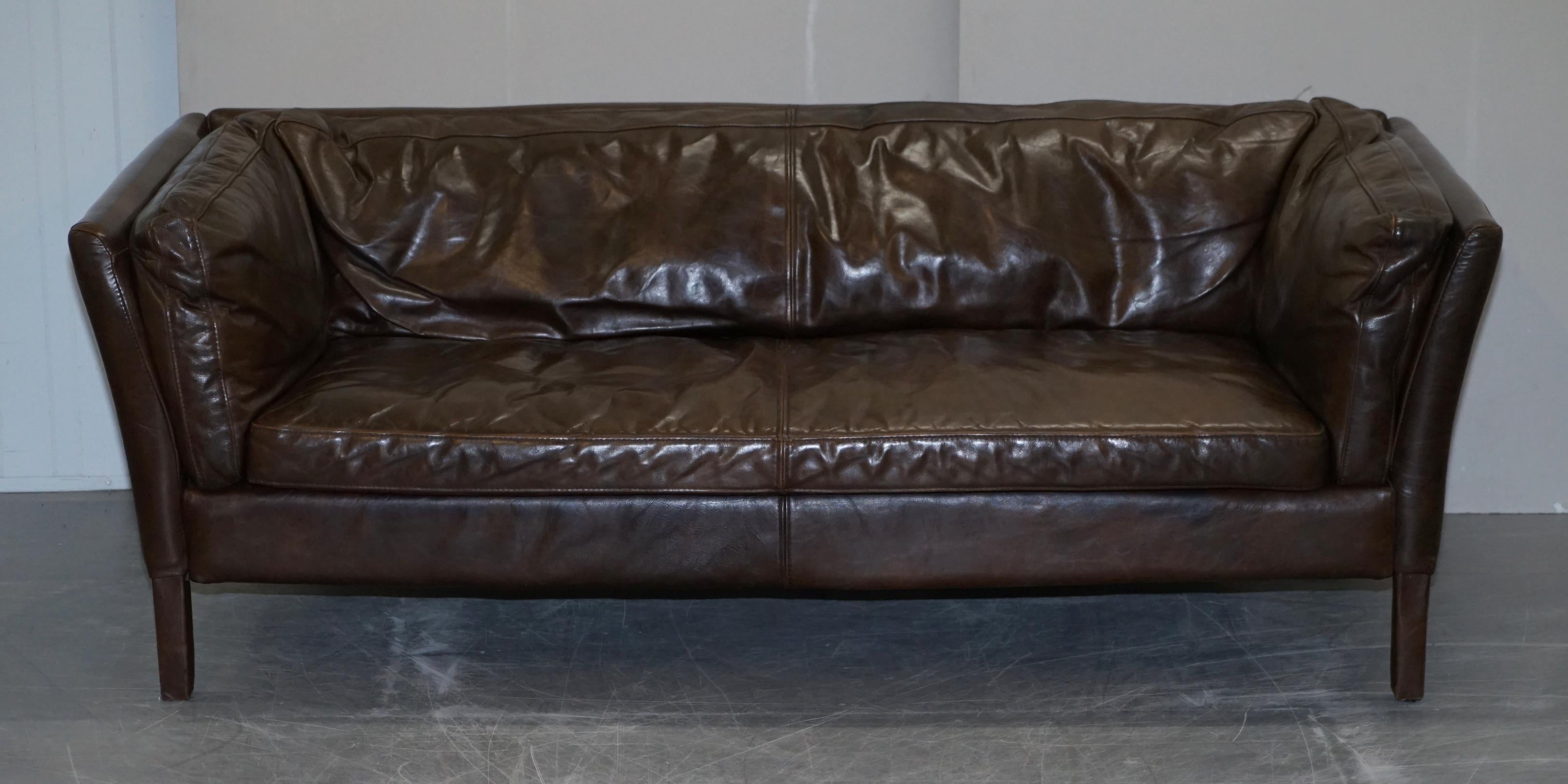 Mid-Century Modern Halo Groucho Conker Brown Leather Large Two-Seat Sofa Comfortable