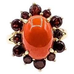 Bague Halo Jade et Grenat en or jaune 14k