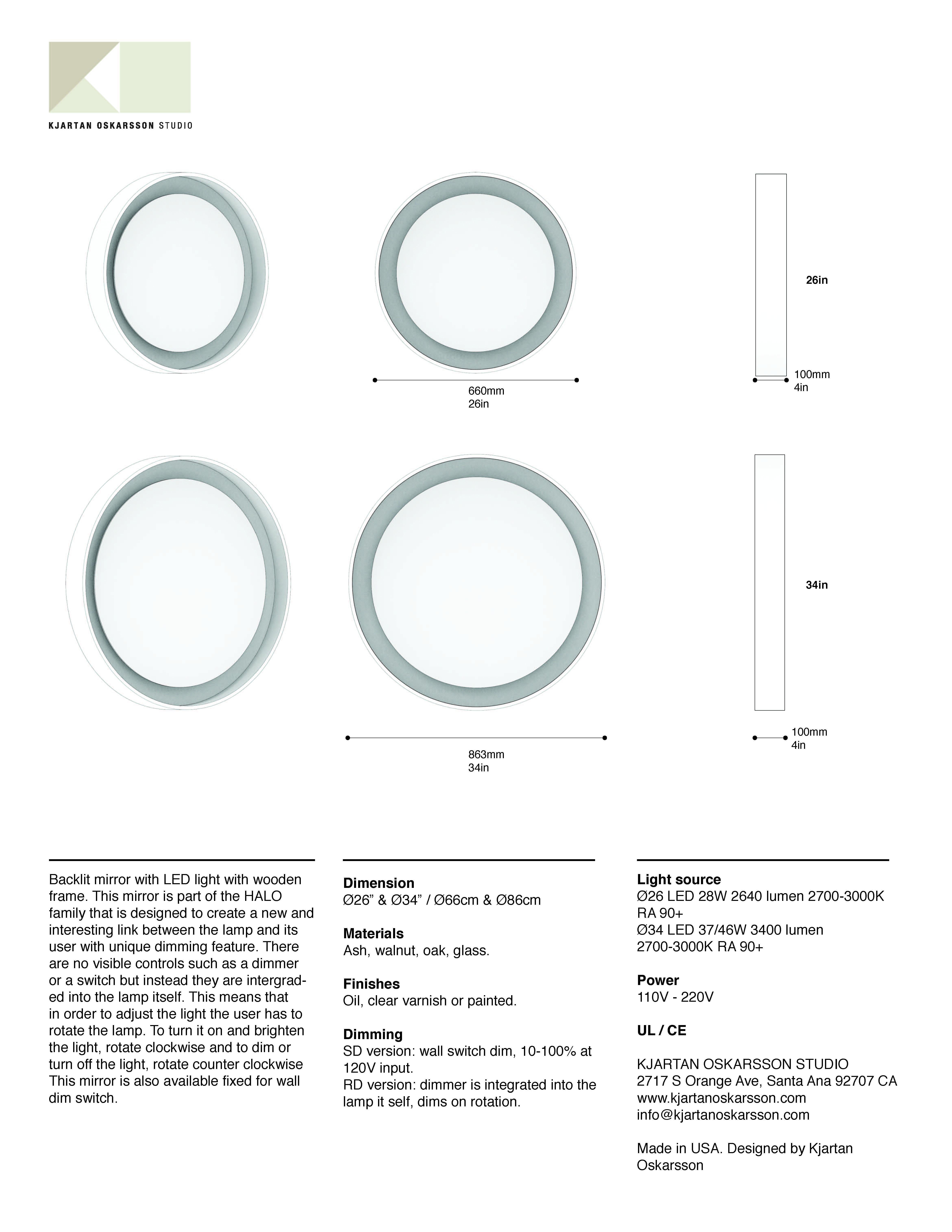 Halo Mirror 26 with LED Light, Ash Wood, Switch Dim For Sale 2