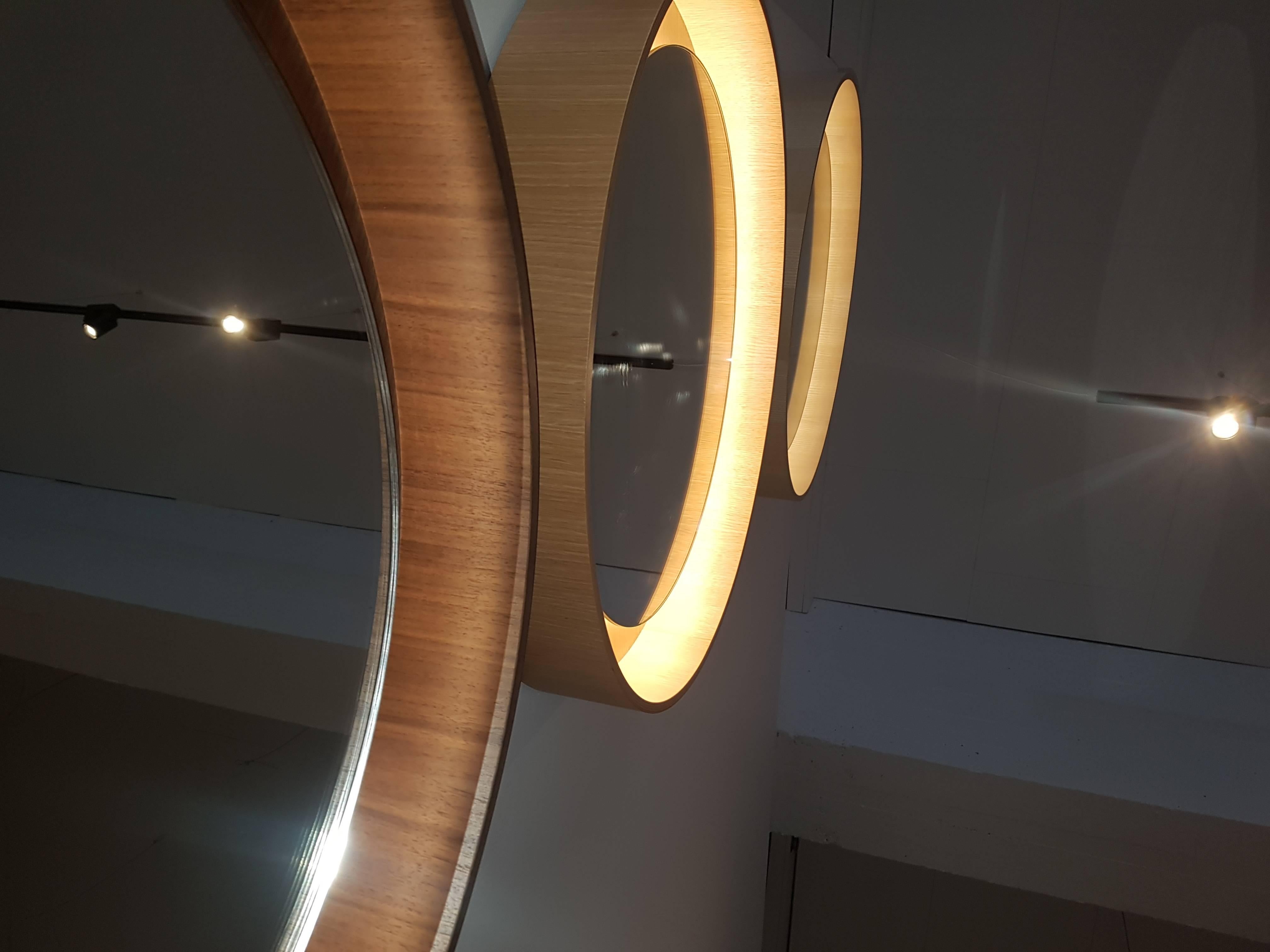 Laminated Round Backlit Wall Mirror with LED Light in Oak For Sale