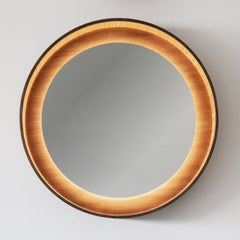 Round Backlit Wall Mirror with LED Light in Walnut