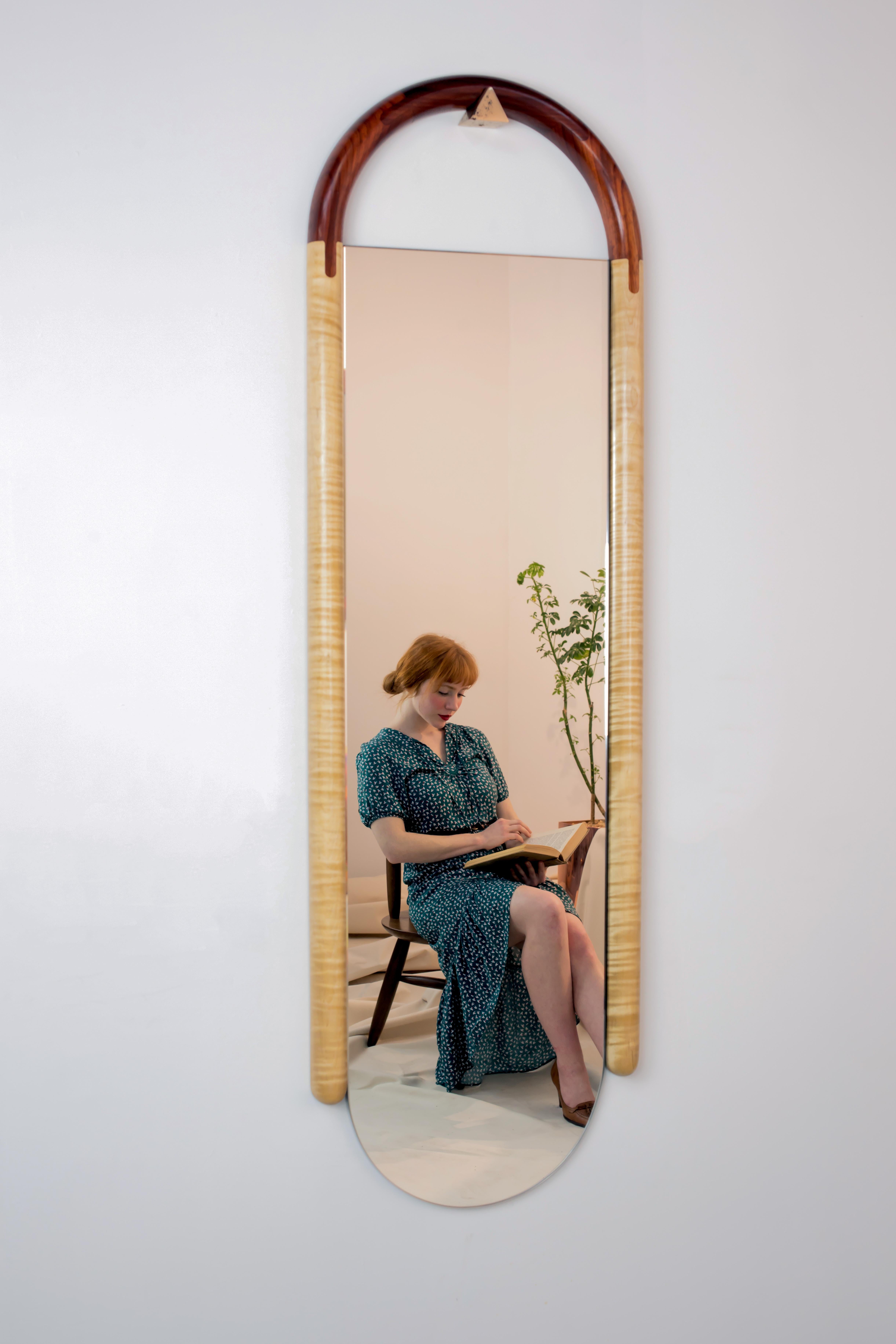 Halo Mirror in Curly Maple and Walnut, Wall Hanging Full Length Mirror For Sale 5