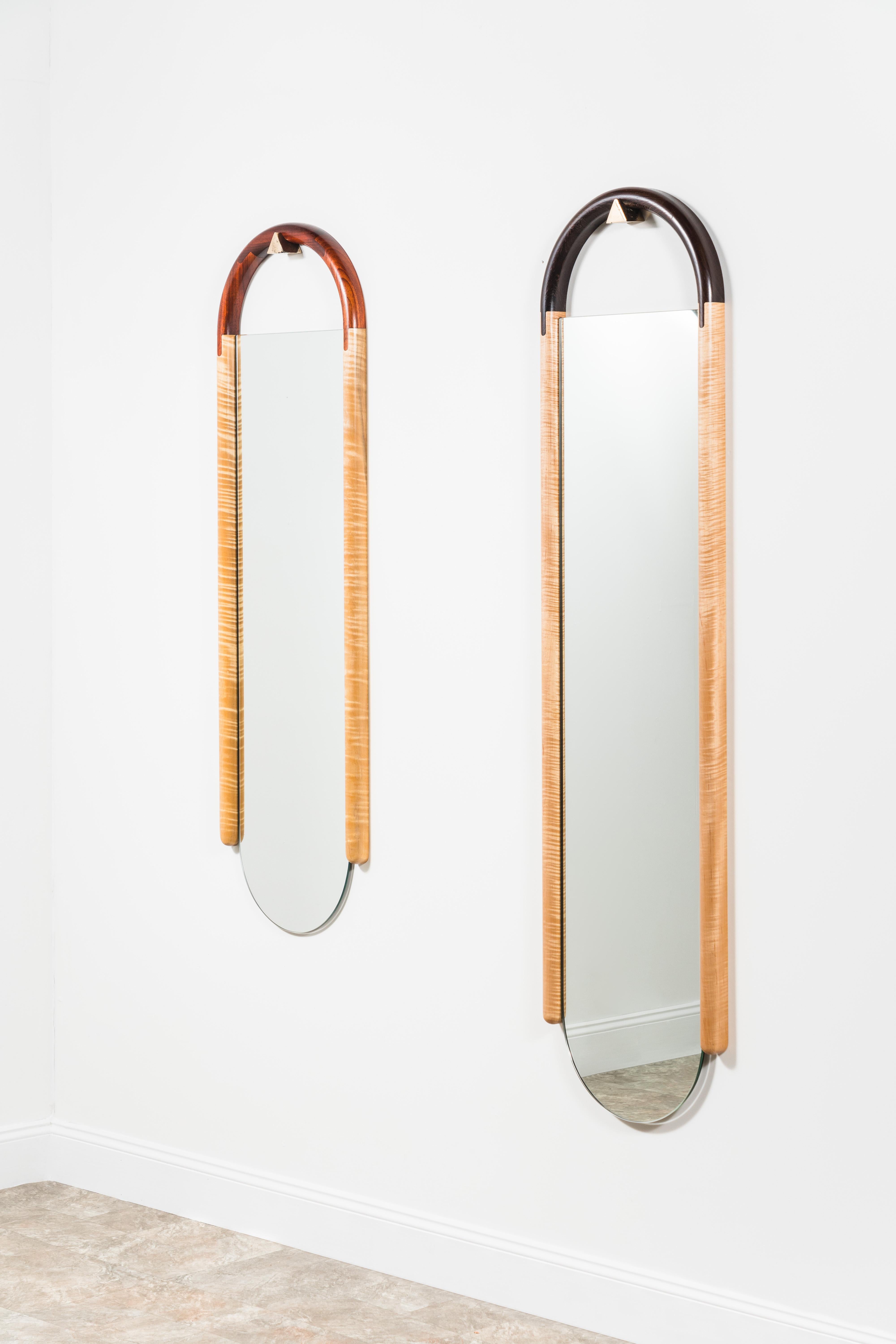 Contemporary Halo Mirror in Curly Maple and Walnut, Wall Hanging Full Length Mirror For Sale