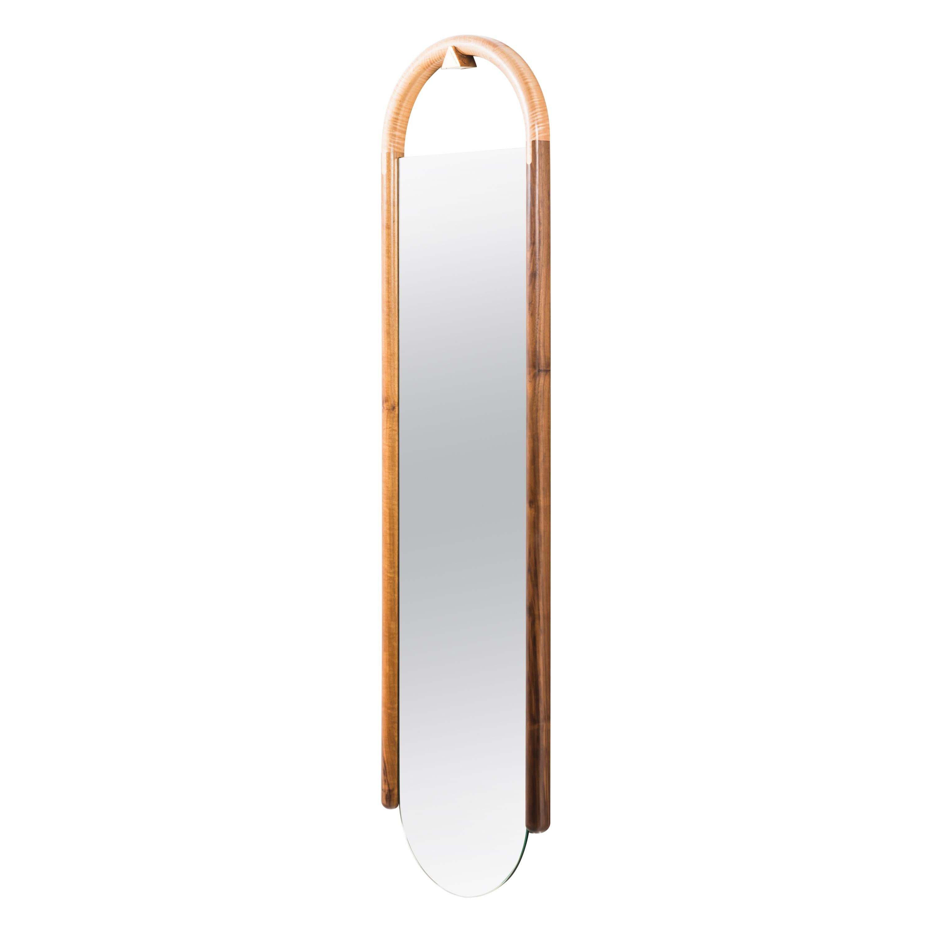 Halo Mirror in Curly Maple and Walnut, Wall Hanging Full Length Mirror For Sale