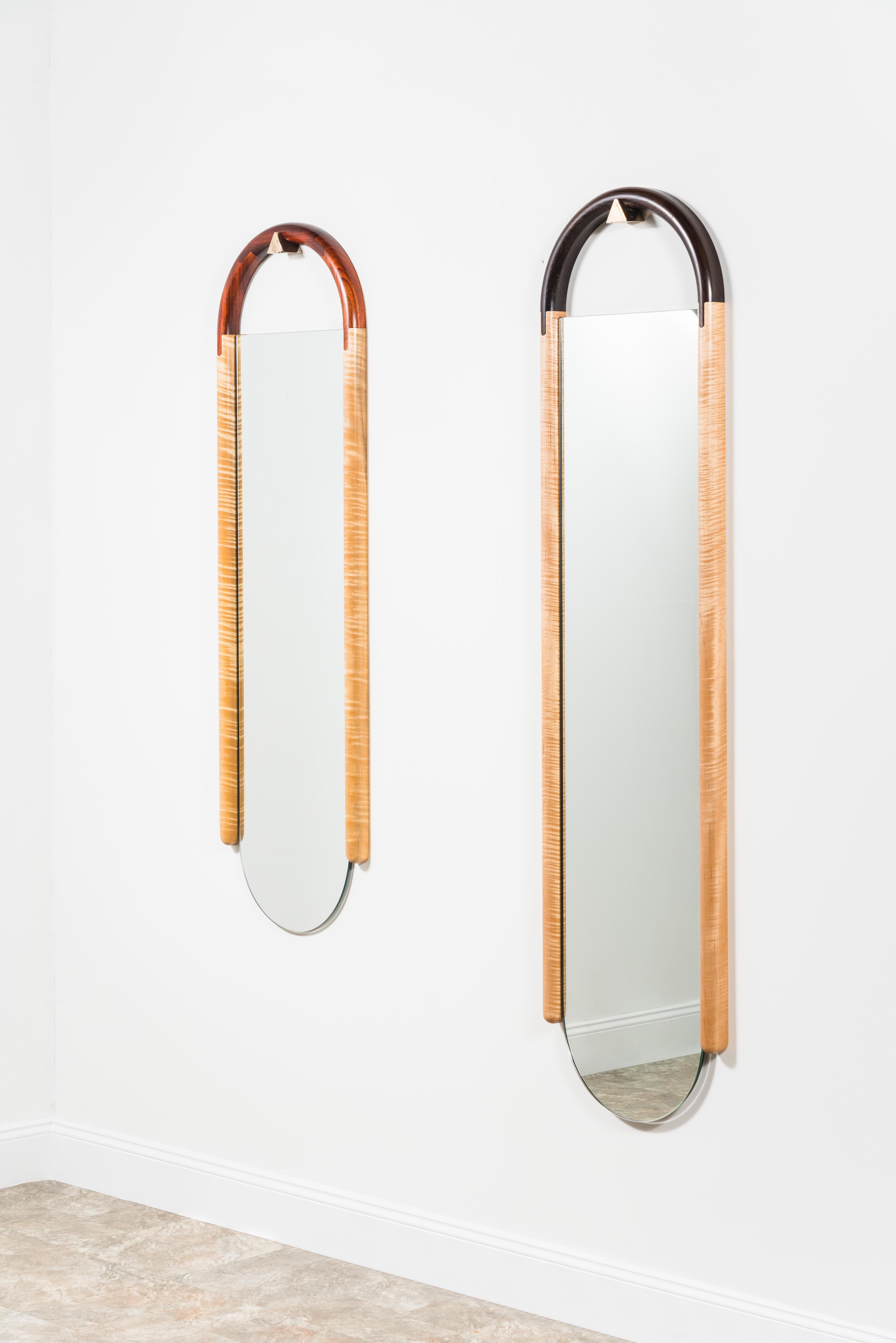 Contemporary Halo Mirror in Wenge and Curly Maple, Wall Hanging Full Length Mirror For Sale