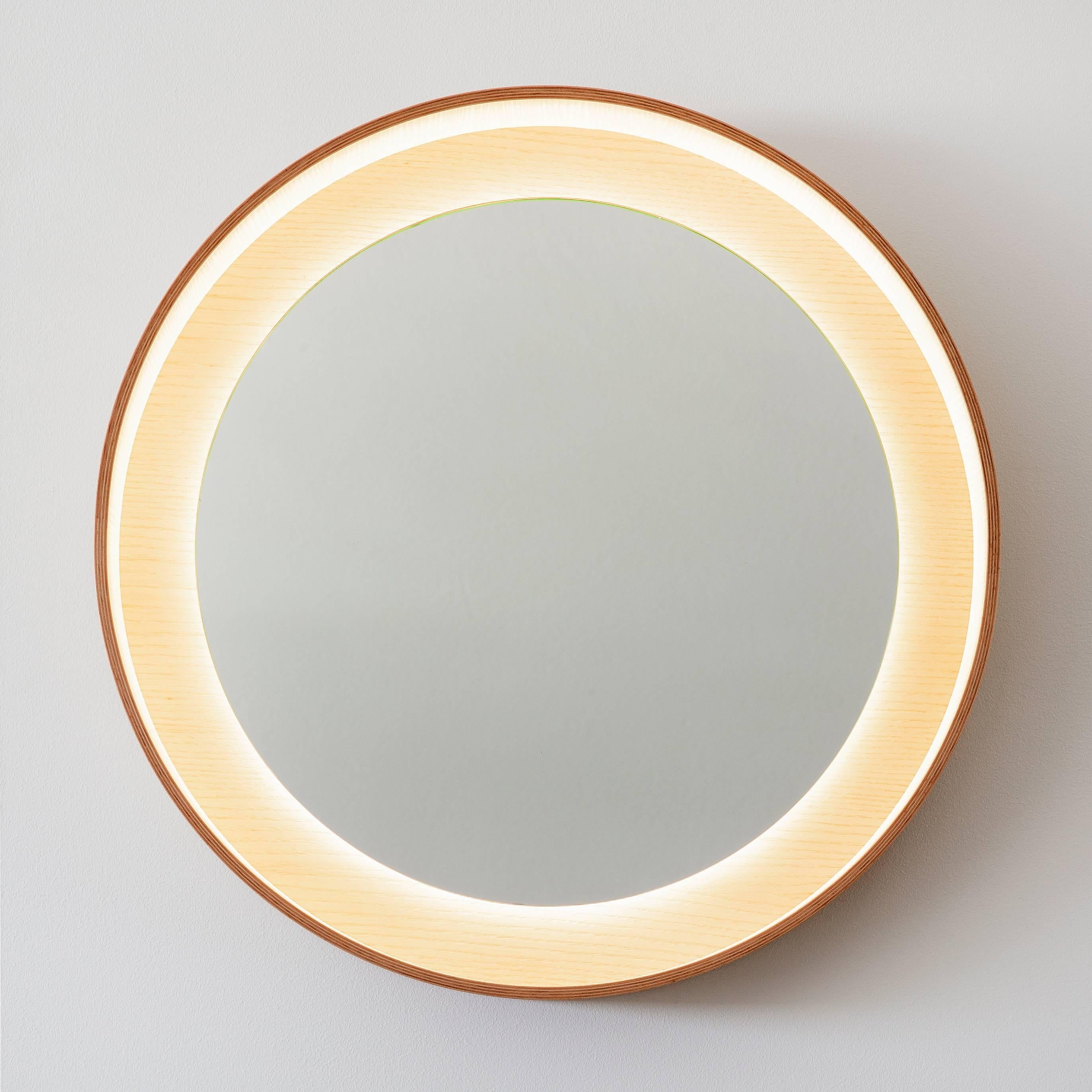 Contemporary Halo Mirror 26 with LED Light, Ash Wood, Switch Dim For Sale
