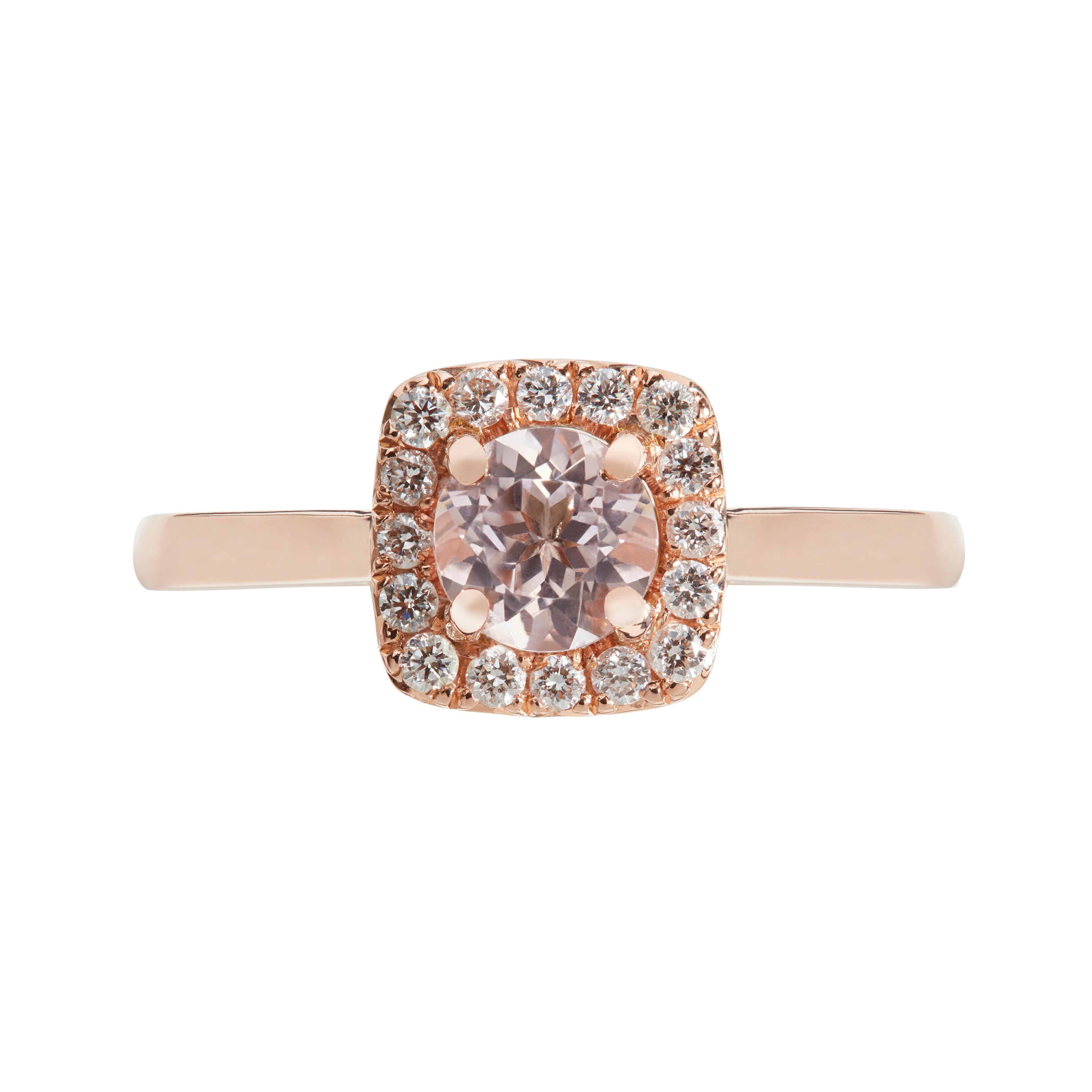 This gorgeous morganite ring is a pink dream for an engagement ring. We think of the aurora borealis and the pink hues that come over the horizon when looking into the morganite. Set in 18k rose gold it enhances the pink hue while supporting 16