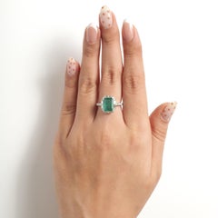 3.17 Carat Solitare Natural Emerald Baguette & Diamond Halo Ring, 14K White Gold