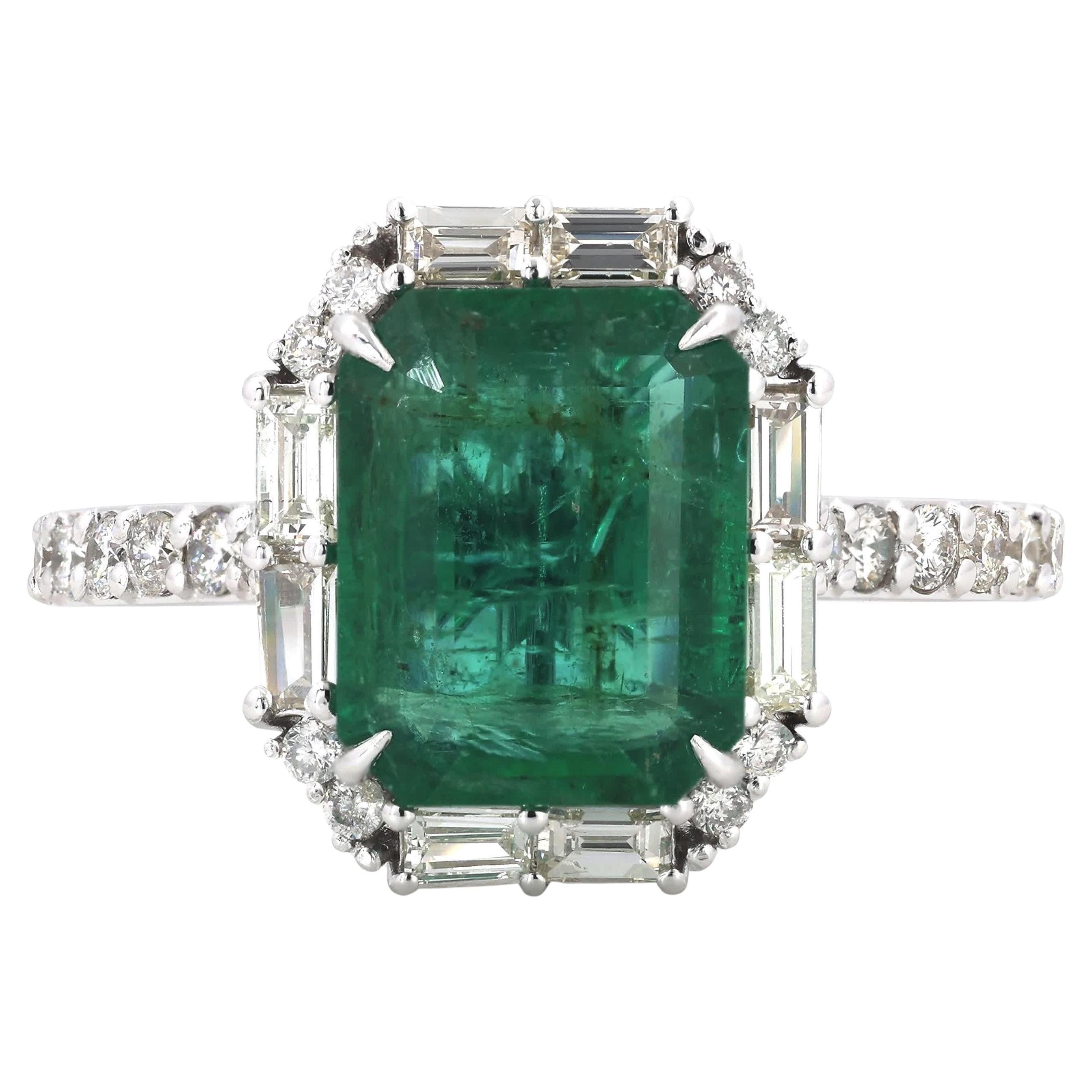 Halo Natural Emerald & Diamond Baguette Ring in 14k Solid Gold (Certified)