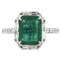 Halo Natural Emerald & Diamond Baguette Ring in 14k Solid Gold (Certified)