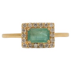 Halo Natural Emerald Diamond Ring in 14K Solid Gold (Certified)