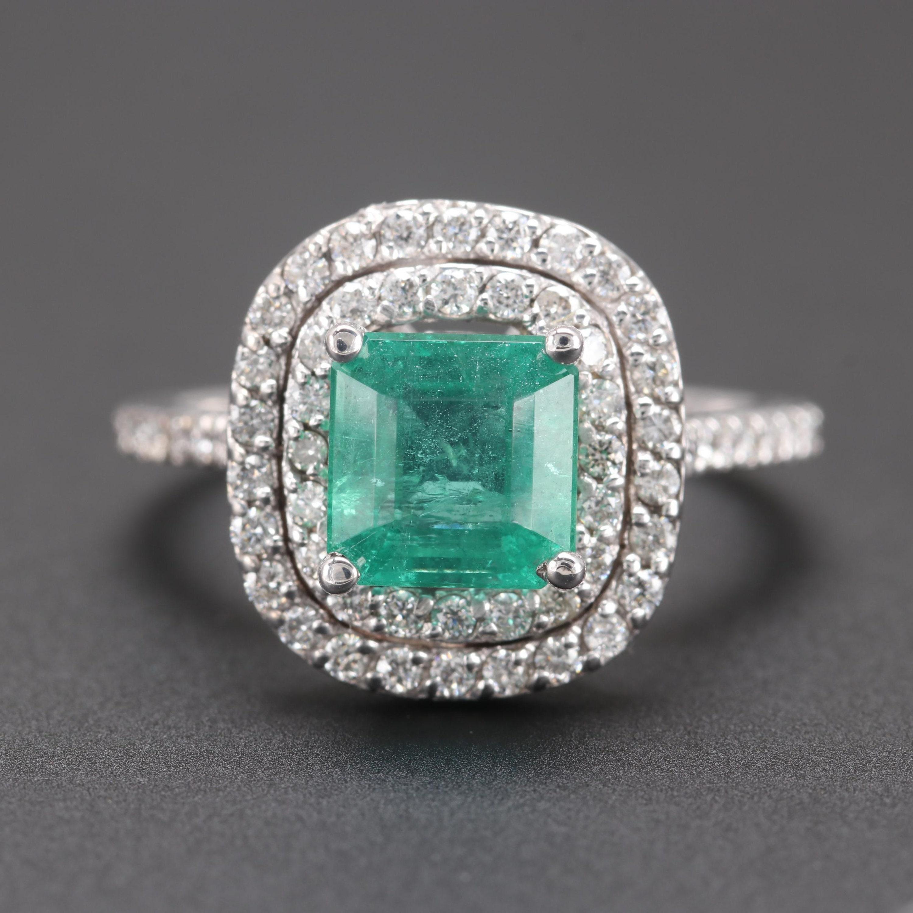 For Sale:  Art Deco Natural Emerald Diamond Engagement Ring Set in 18K Gold, Cocktail Ring 2