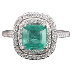 Art Deco Natural Emerald Diamond Engagement Ring Set in 18K Gold, Cocktail Ring