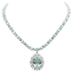 Halo Oval Cut Aquamarine Diamonds Bridal Necklace, Vintage