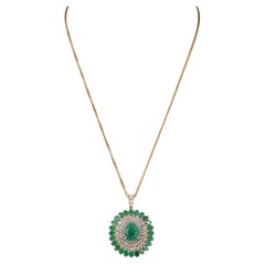 Halo Oval Cut Emerald Diamonds Bridal Pendant Necklace, Vintage