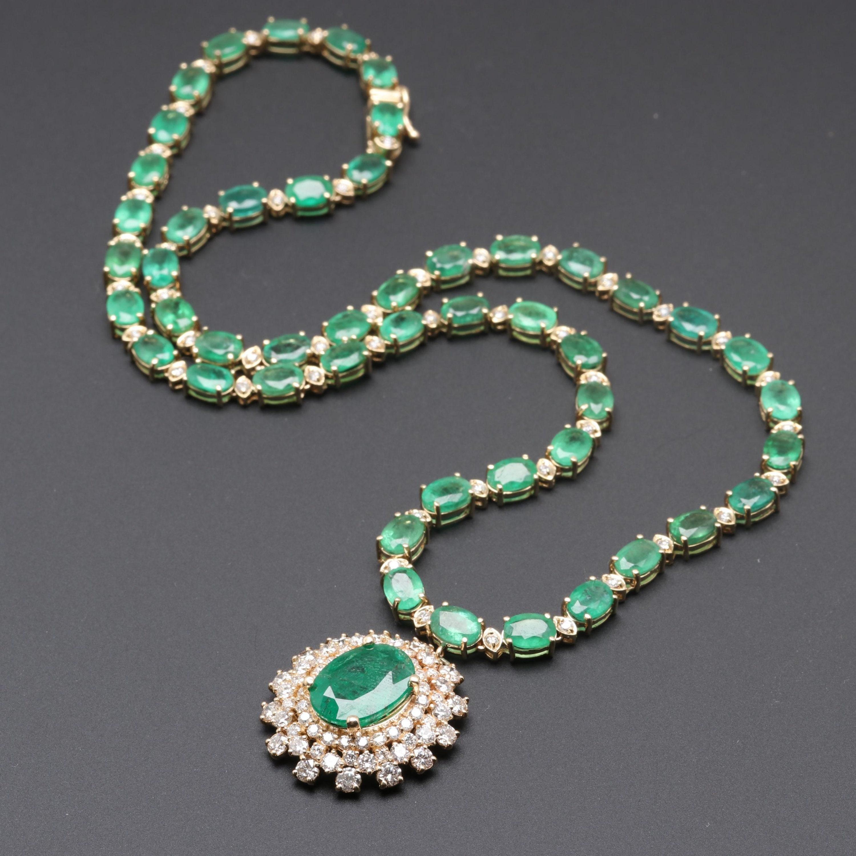 Halo Oval Cut Emerald Diamonds Pendant Necklace, Natural Emerald  In New Condition For Sale In Orlando, Florida