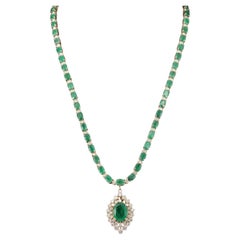 Halo Oval Cut Emerald Diamonds Pendant Necklace, Natural Emerald