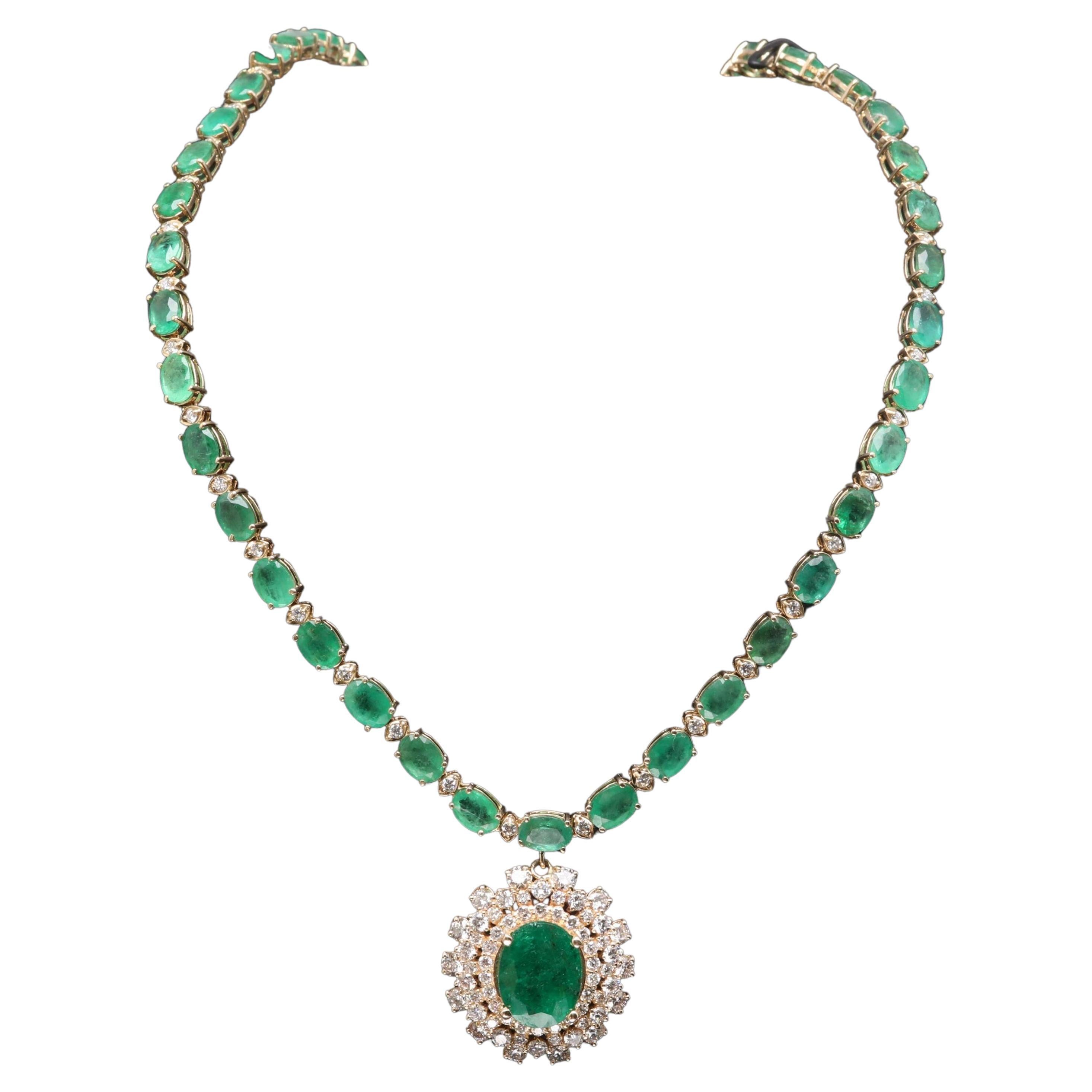 Halo Oval Cut Emerald Diamonds Pendant Necklace, Natural Emerald  For Sale