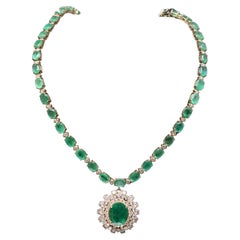 Halo Oval Cut Emerald Diamonds Pendant Necklace, Natural Emerald 