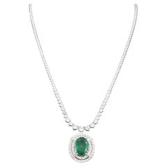 Halo Oval Cut Emerald Wedding Necklace, Vintage Diamonds Bridal Necklace