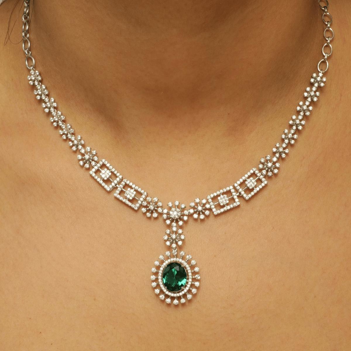 Art Deco Halo Oval Emerald Diamond Necklace Earring Set in 14k Solid Gold (Certified) For Sale