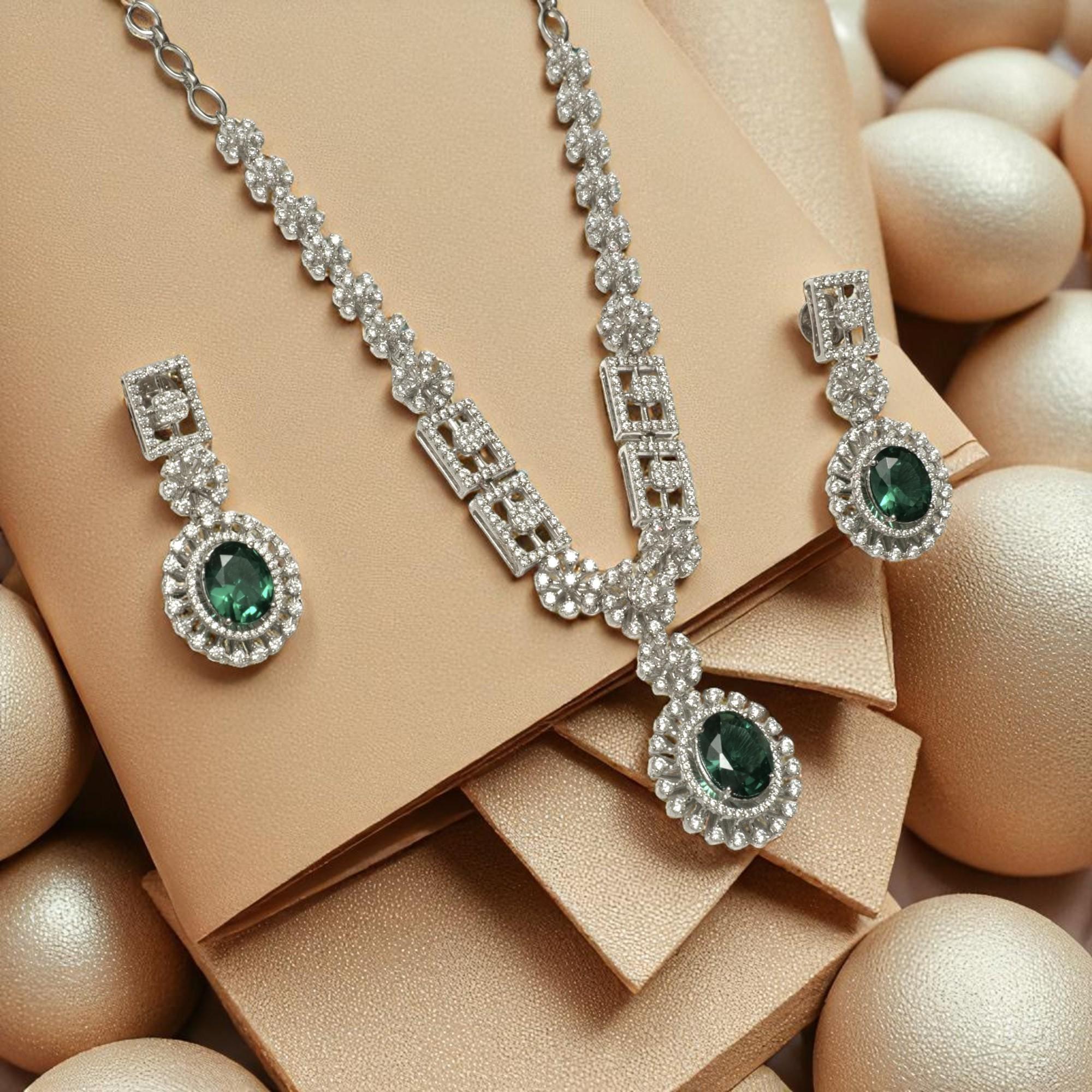 Halo Oval Emerald Diamond Necklace Earring Set in 14k Solid Gold (Certified) In New Condition For Sale In New Delhi, DL