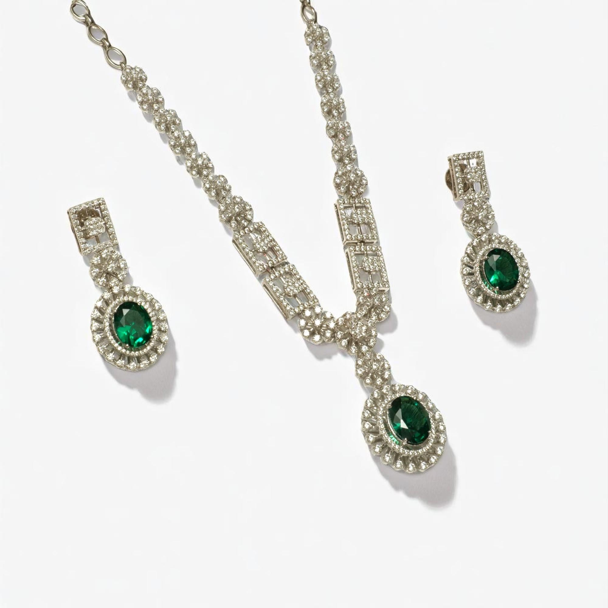 Women's Halo Oval Emerald Diamond Necklace Earring Set in 14k Solid Gold (Certified) For Sale