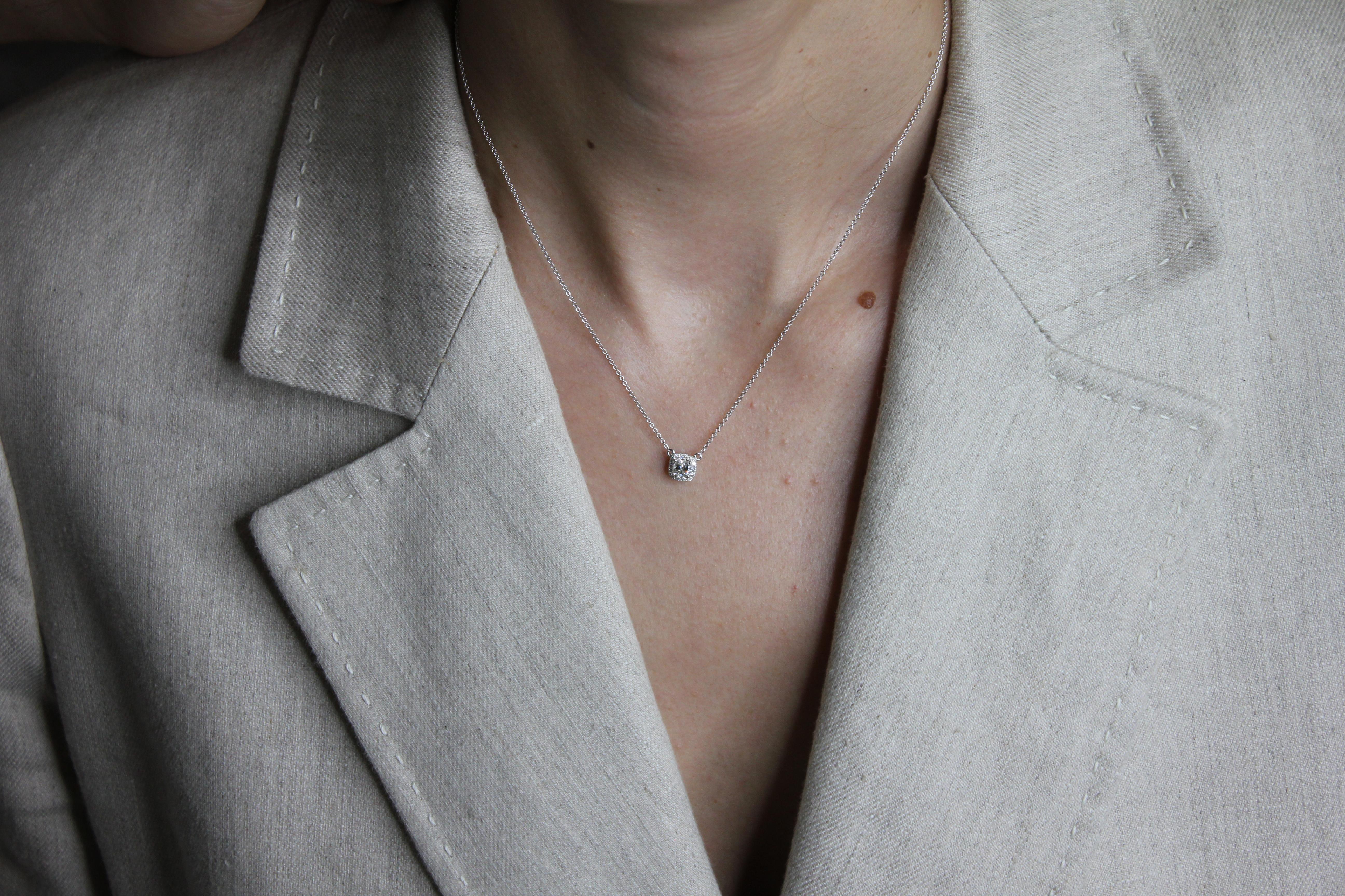 Round Cut Halo Pave Cushion Cut Diamond Pendant 18 Karat White Gold Necklace Chain Charm For Sale