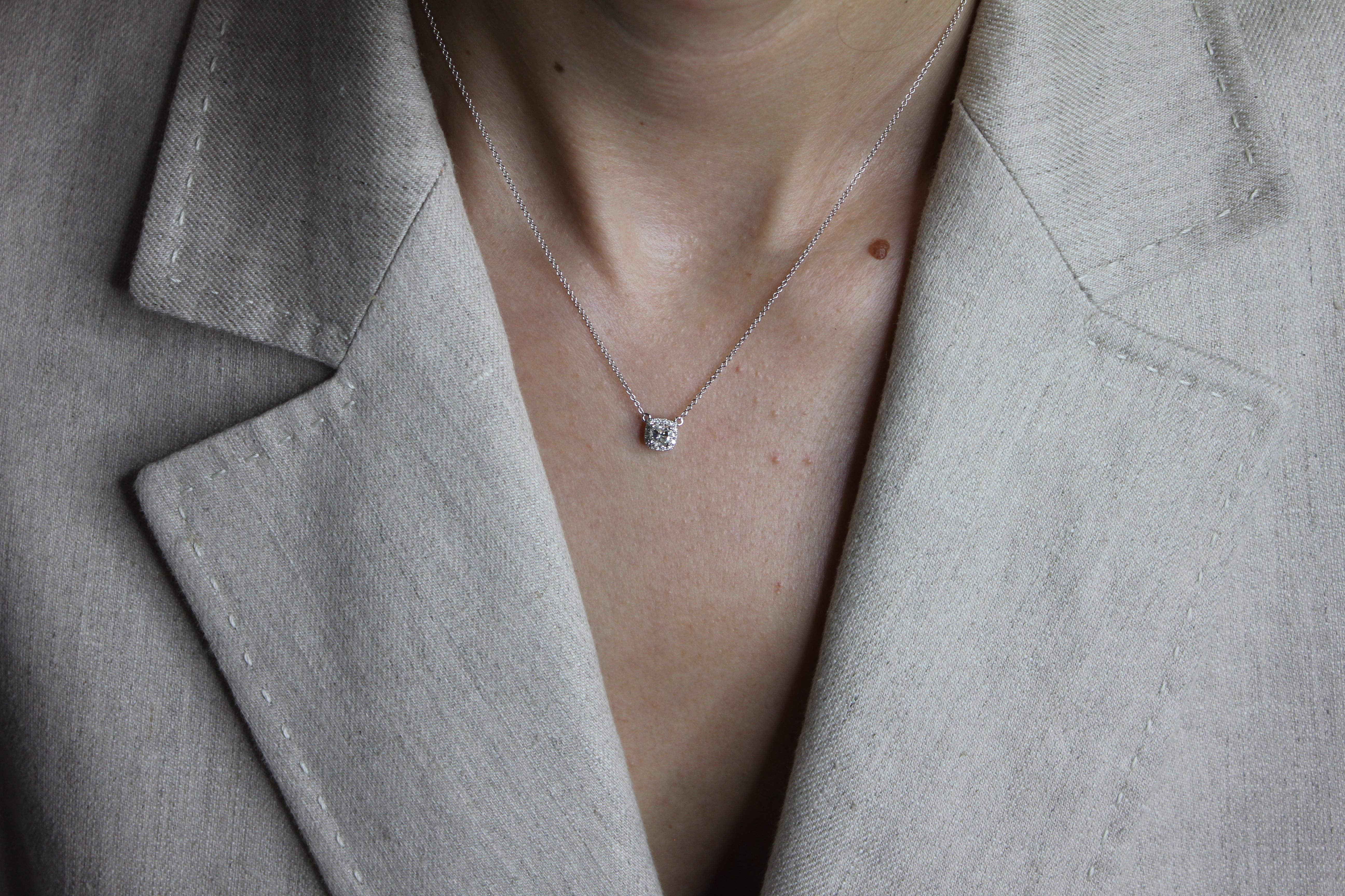 Halo Pave Cushion Cut Diamond Pendant 18 Karat White Gold Necklace Chain Charm In New Condition For Sale In Oakton, VA