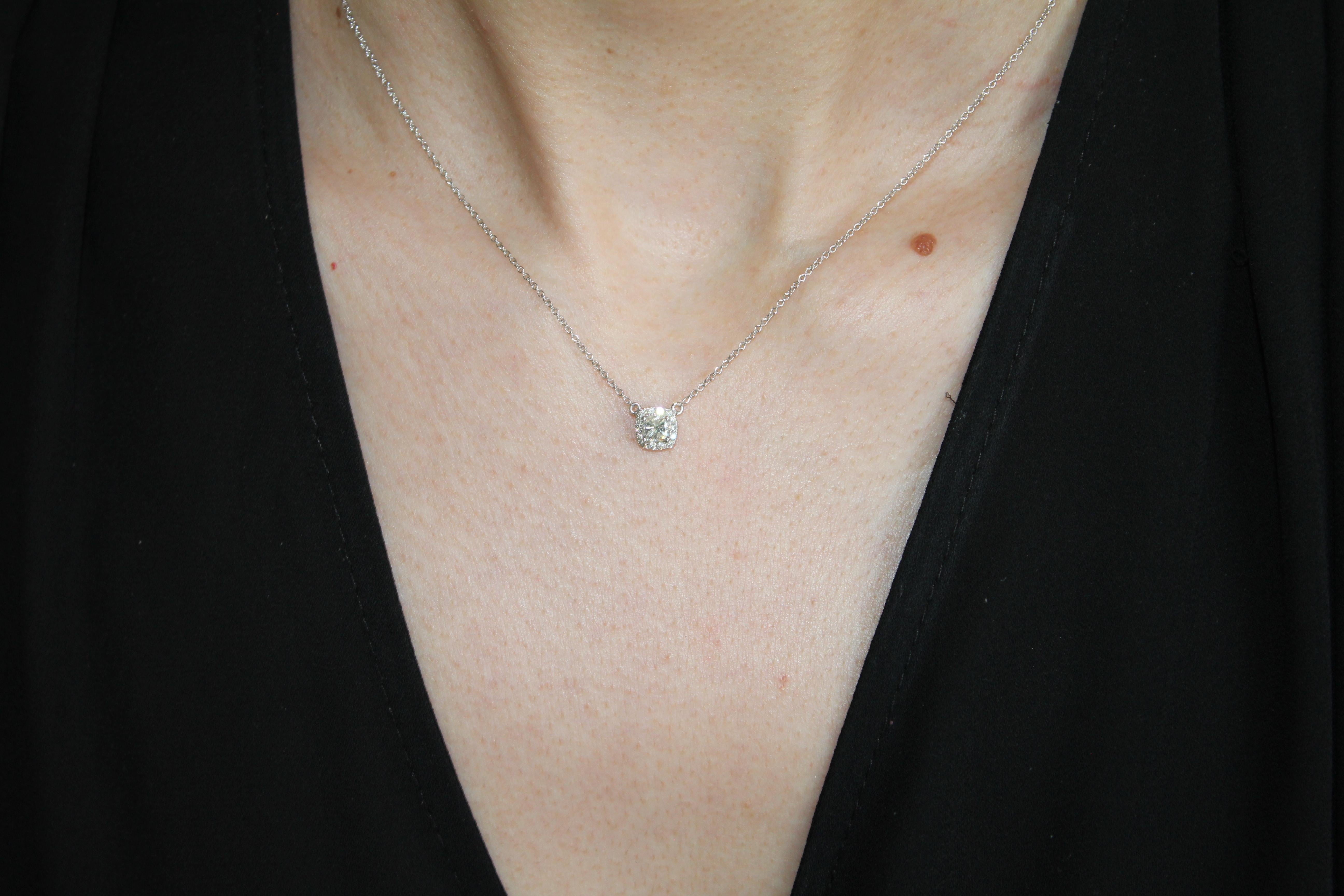 Halo Pave Cushion Cut Diamond Pendant 18 Karat White Gold Necklace Chain Charm For Sale 1