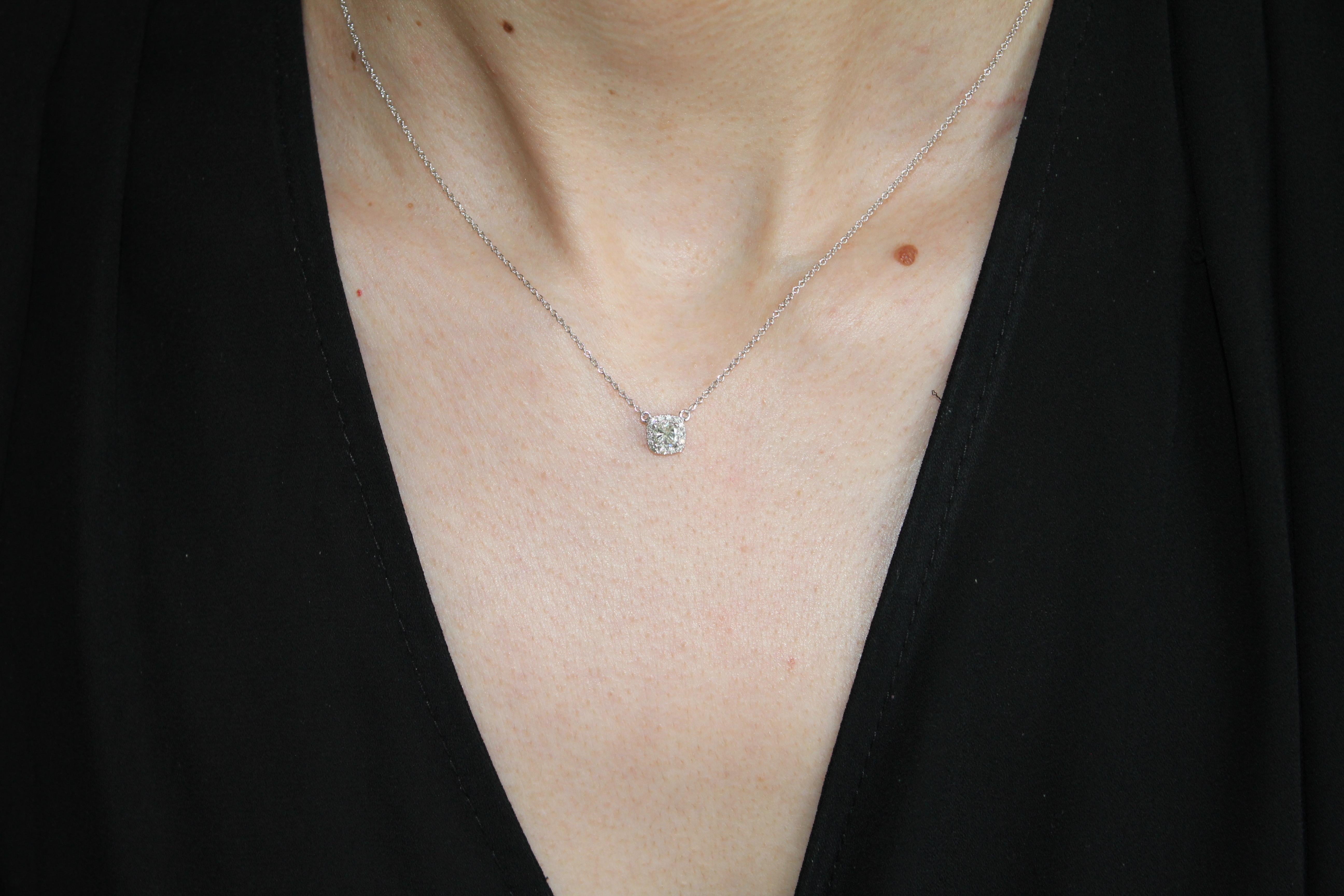Halo Pave Cushion Cut Diamond Pendant 18 Karat White Gold Necklace Chain Charm For Sale 2