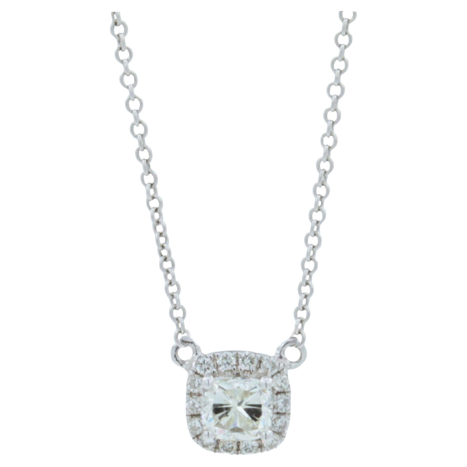 Halo Pave Cushion Cut Diamond Pendant 18 Karat White Gold Necklace Chain Charm