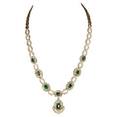Halo Pear Cut Emerald Diamonds Chain Necklace, 18K Yellow Gold