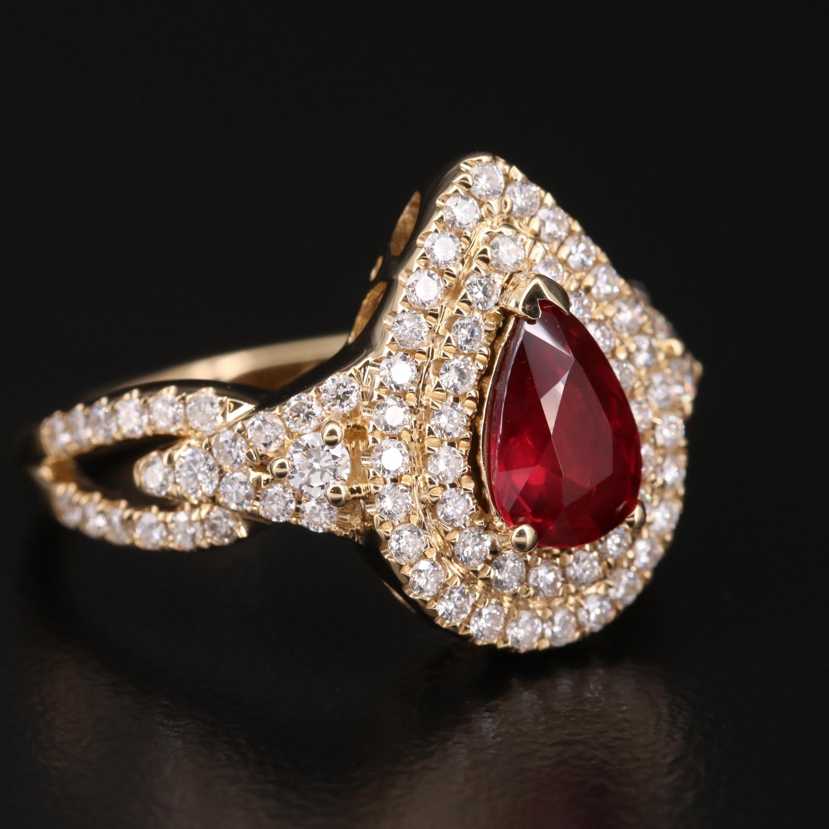 For Sale:  Halo Pear Cut Ruby Engagement Ring Ruby Diamond Yellow Gold Wedding Ring  2