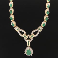 Halo Pear Shaped Emerald Diamonds Necklace, 18K Yellow Gold
