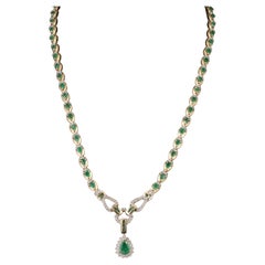 Halo Pear Shaped Emerald Diamonds Necklace, 18K Yellow Gold
