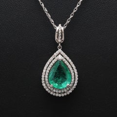 Halo Pear Shaped Emerald Diamonds Pendant Necklace, Natural Emerald