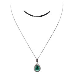 Halo Pear Shaped Emerald Diamonds Pendant Necklace, Natural Emerald