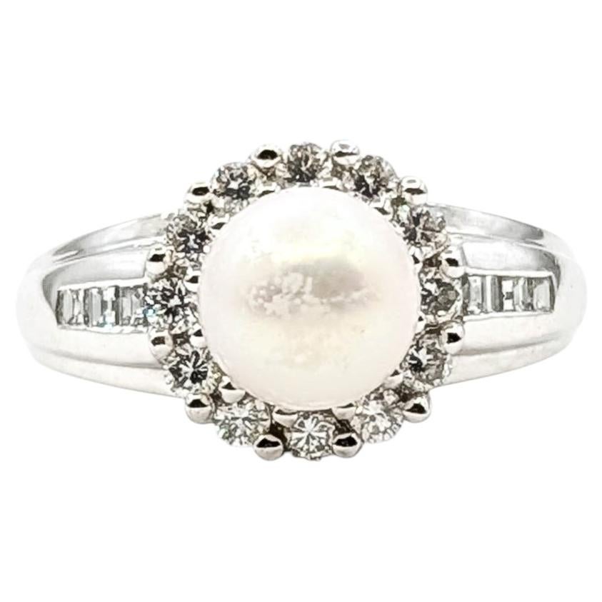 Halo Pearl & Diamond Ring in 14k White Gold