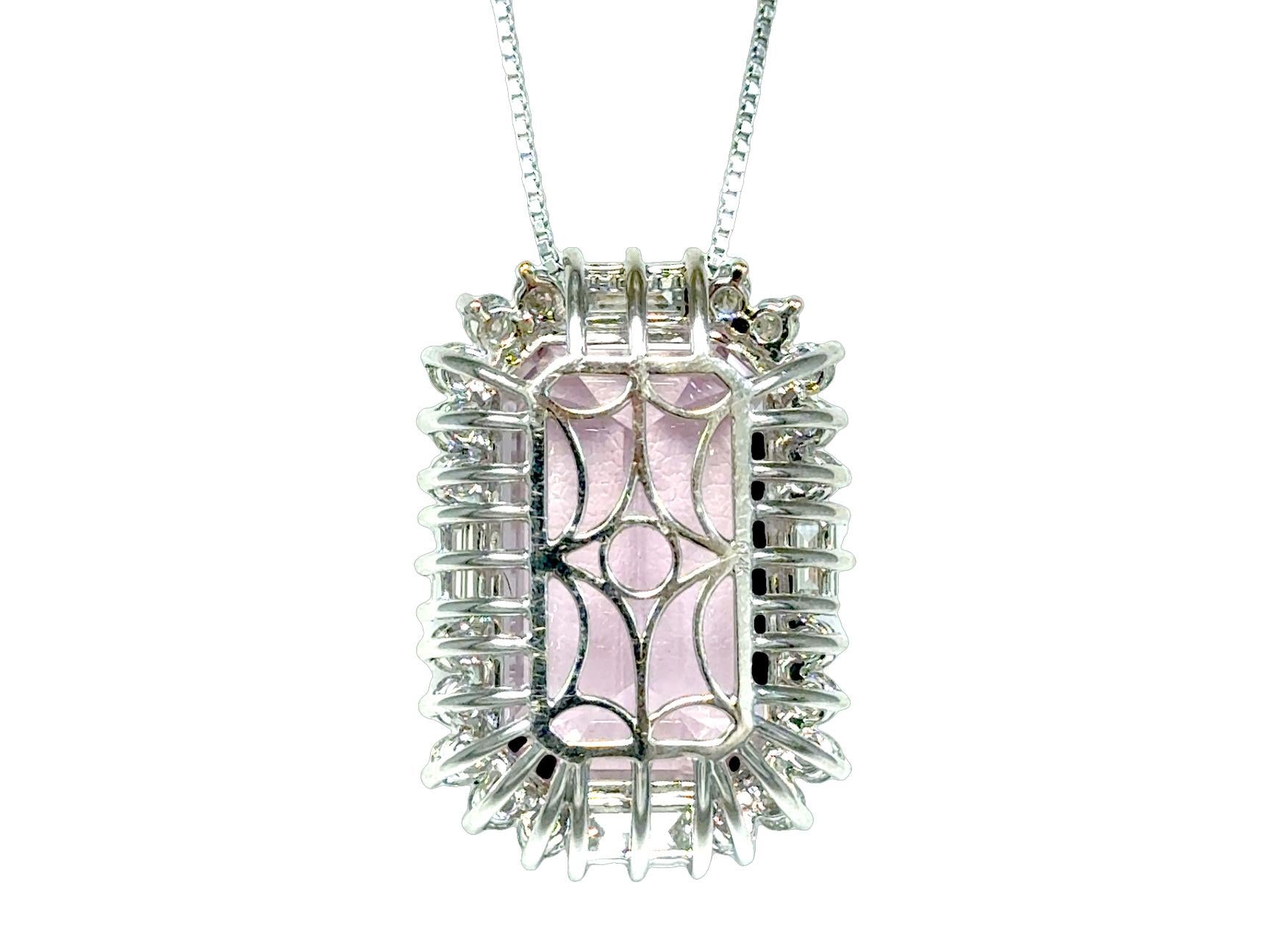Women's Halo Pendant Necklace GIANT 31.25ct Emerald Cut Kunzite Mined Diamonds 14K New For Sale