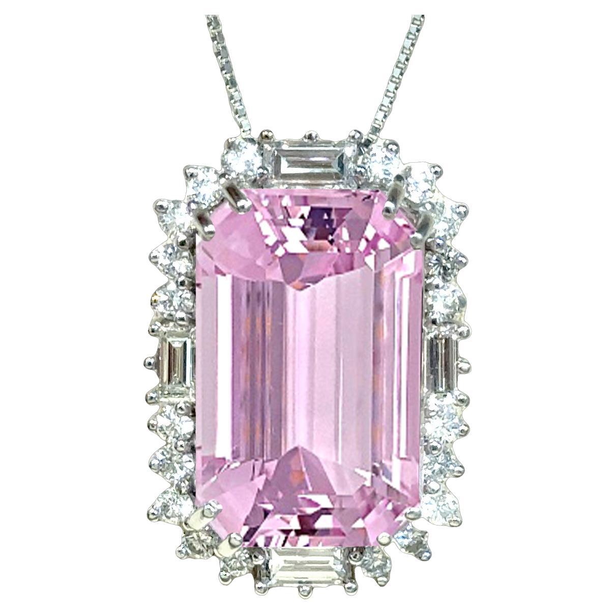 Halo Pendant Necklace GIANT 31.25ct Emerald Cut Kunzite Mined Diamonds 14K New For Sale