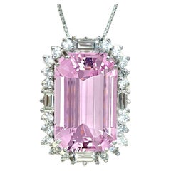 Halo Pendant Necklace GIANT 31.25ct Emerald Cut Kunzite Mined Diamonds 14K New