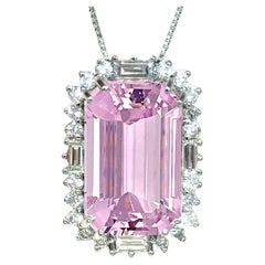 Halo Pendant Necklace GIANT 31.25ct Emerald Cut Kunzite Mined Diamonds 14K New