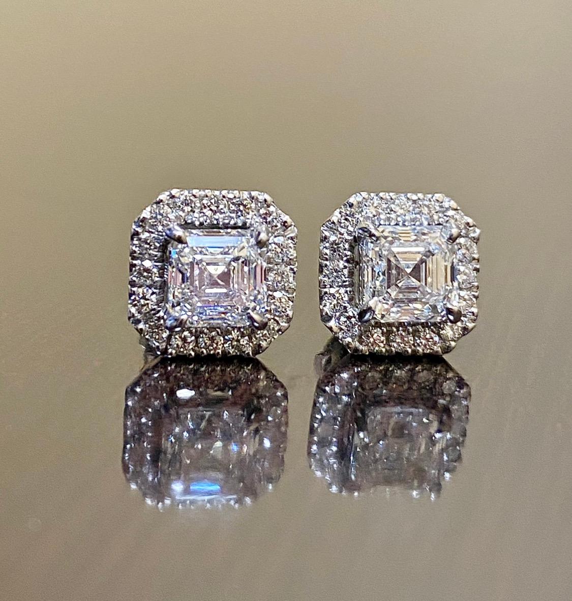 Halo Platinum GIA Certified 2.22 Carat F Color Asscher Cut Diamond Earrings In New Condition For Sale In Los Angeles, CA