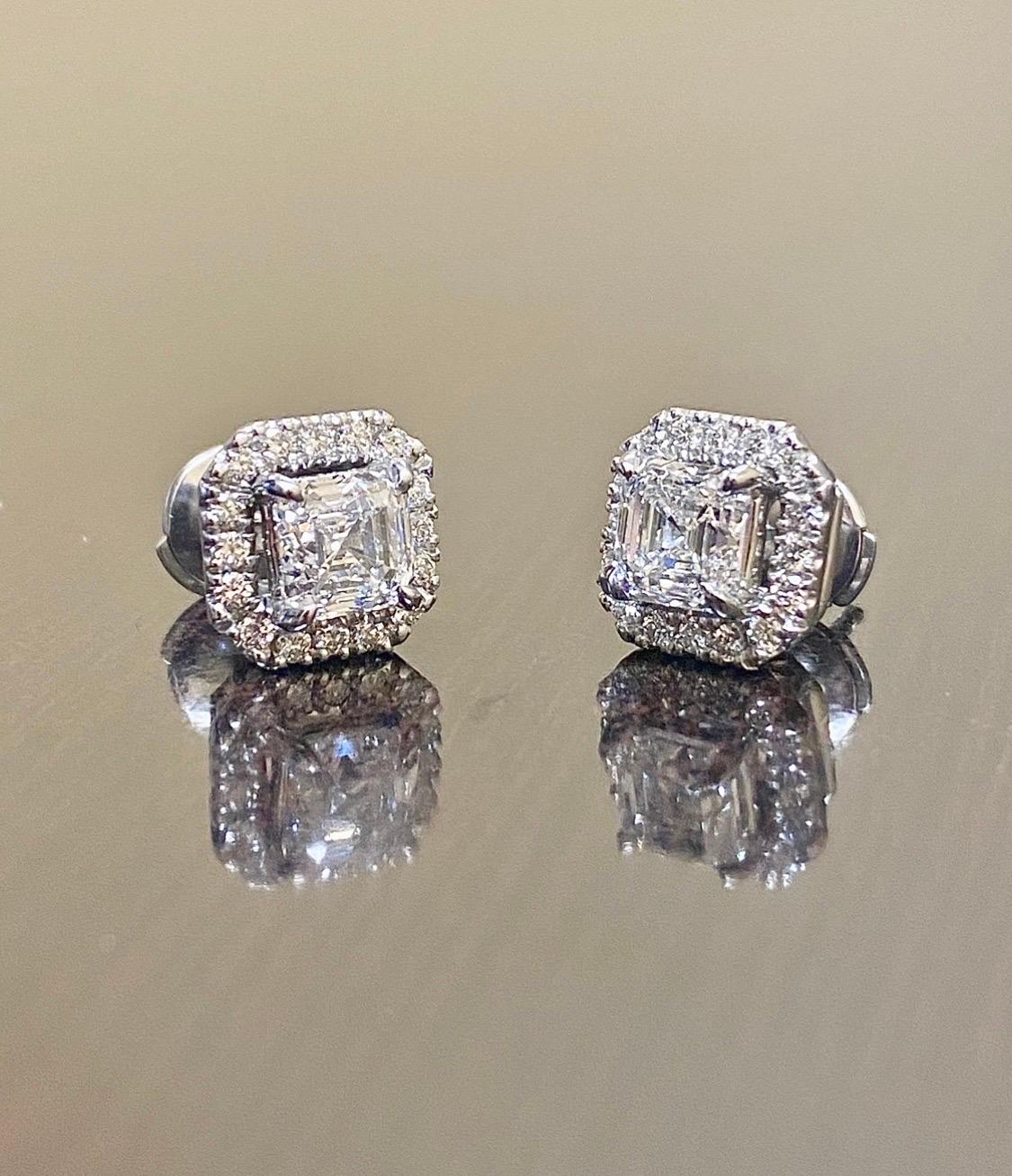 Women's or Men's Halo Platinum GIA Certified 2.22 Carat F Color Asscher Cut Diamond Earrings For Sale