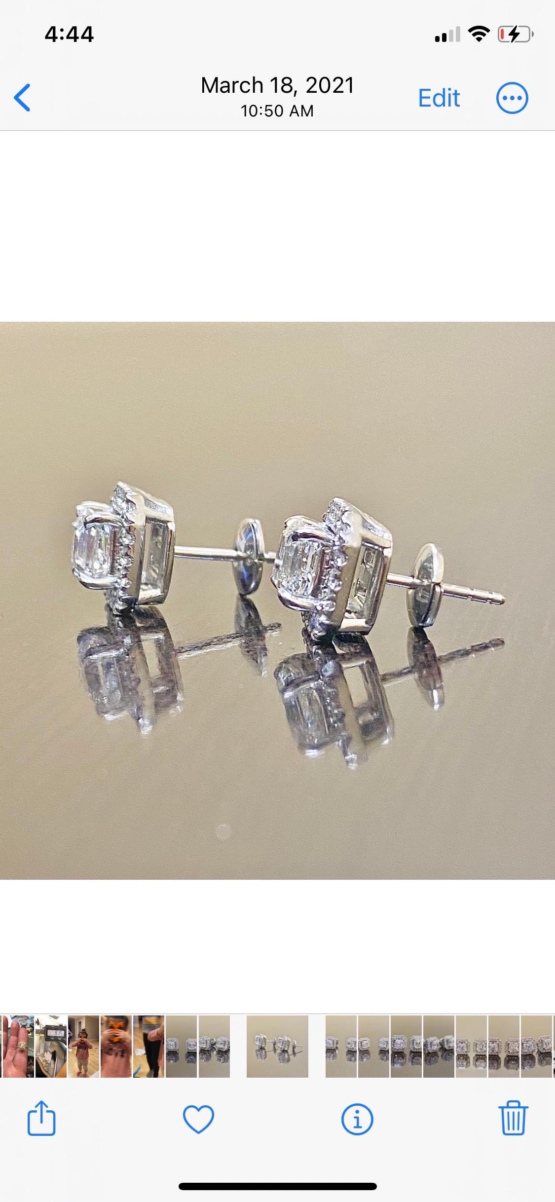 Halo Platinum GIA Certified 2.22 Carat F Color Asscher Cut Diamond Earrings For Sale 1