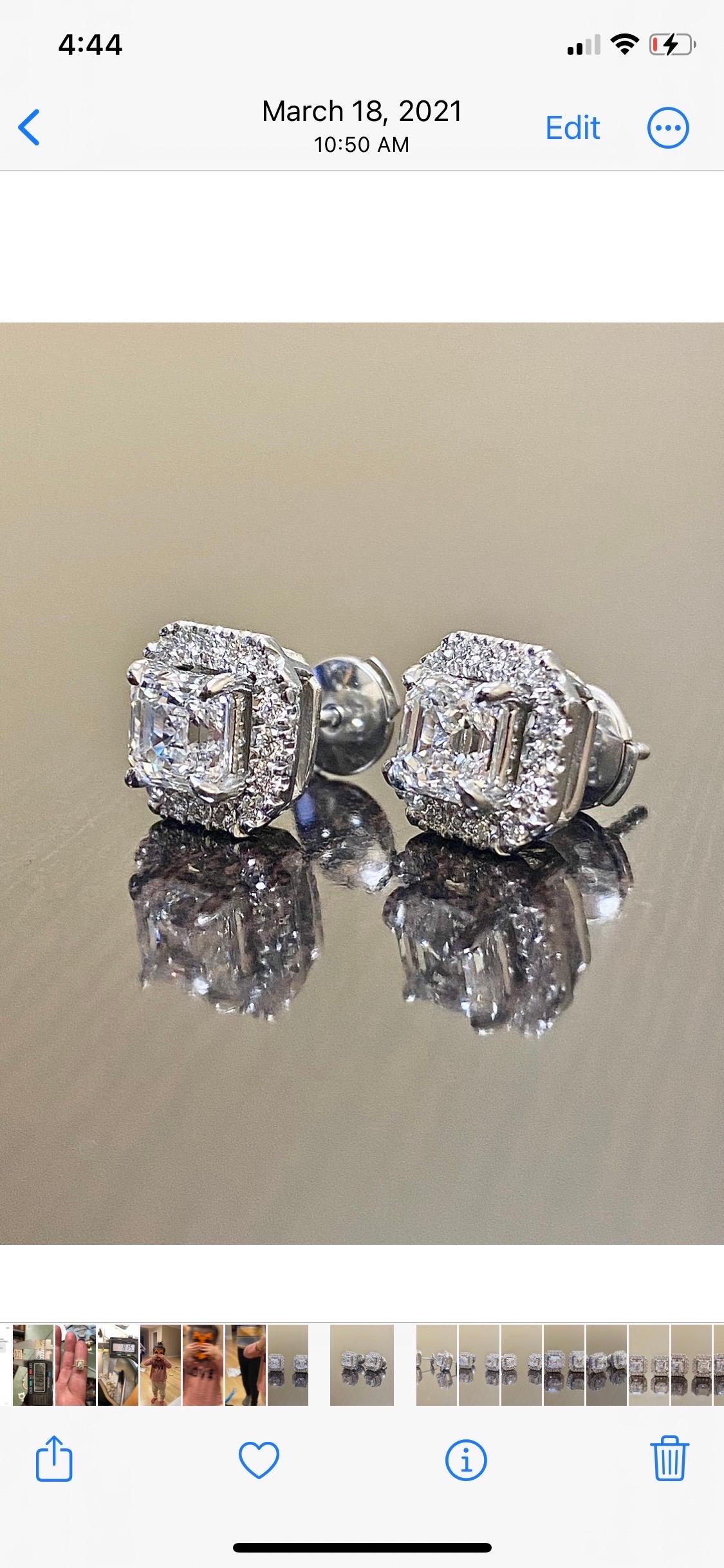 Halo Platinum GIA Certified 2.22 Carat F Color Asscher Cut Diamond Earrings For Sale 2